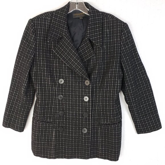 Vintage Donna Karan NY Wool Blazer Double Breasted Plaid size 10 Longline Career - Picture 5 of 14